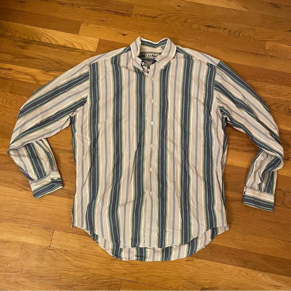 L.L. Bean Men's Striped Button Down Shirt - Green and White
